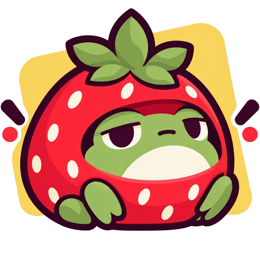 A very unimpressed frog in a strawberry costume