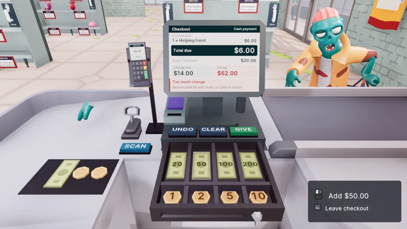 Working the cash register while a zombie customer waits