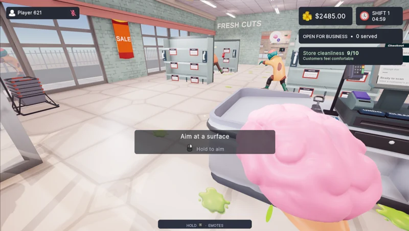 Holding a pink brain while restocking the supermarket