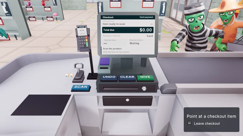 Two green zombie customers waiting at the cash register